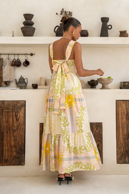 Aurea Yellow Pink Abstract Tiered Midi Dress