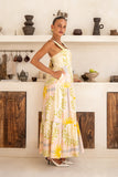 Aurea Yellow Pink Abstract Tiered Midi Dress