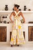 Aurea Yellow Pink Abstract Tiered Midi Dress