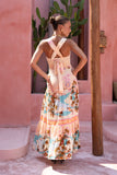 Summer Orange Pink Tropical Tiered Midi Dress