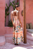 Summer Orange Pink Tropical Tiered Midi Dress