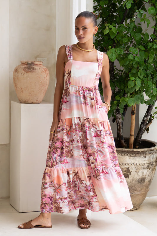 Isla Pink Tropical Tiered Maxi Dress