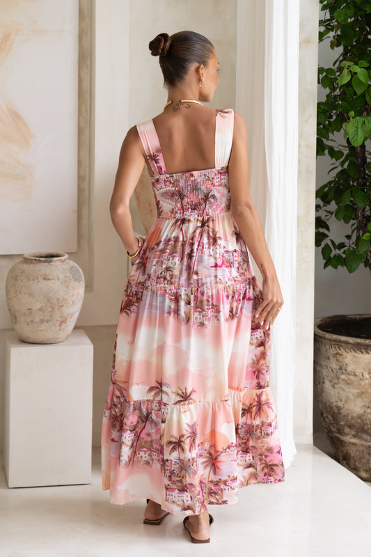 Isla Pink Tropical Tiered Maxi Dress