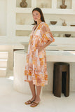 Hestia Orange Boho Button Midi Dress