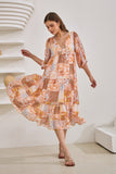 Hestia Orange Boho Patchwork Midi Dress