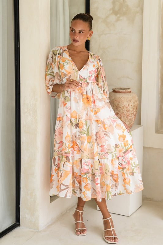 Lillian Orange Floral Midi Dress