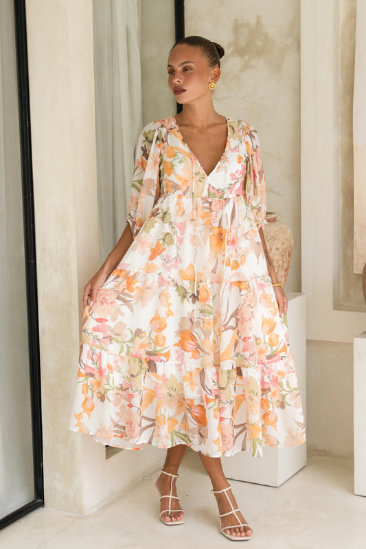 Lillian Orange Floral Midi Dress