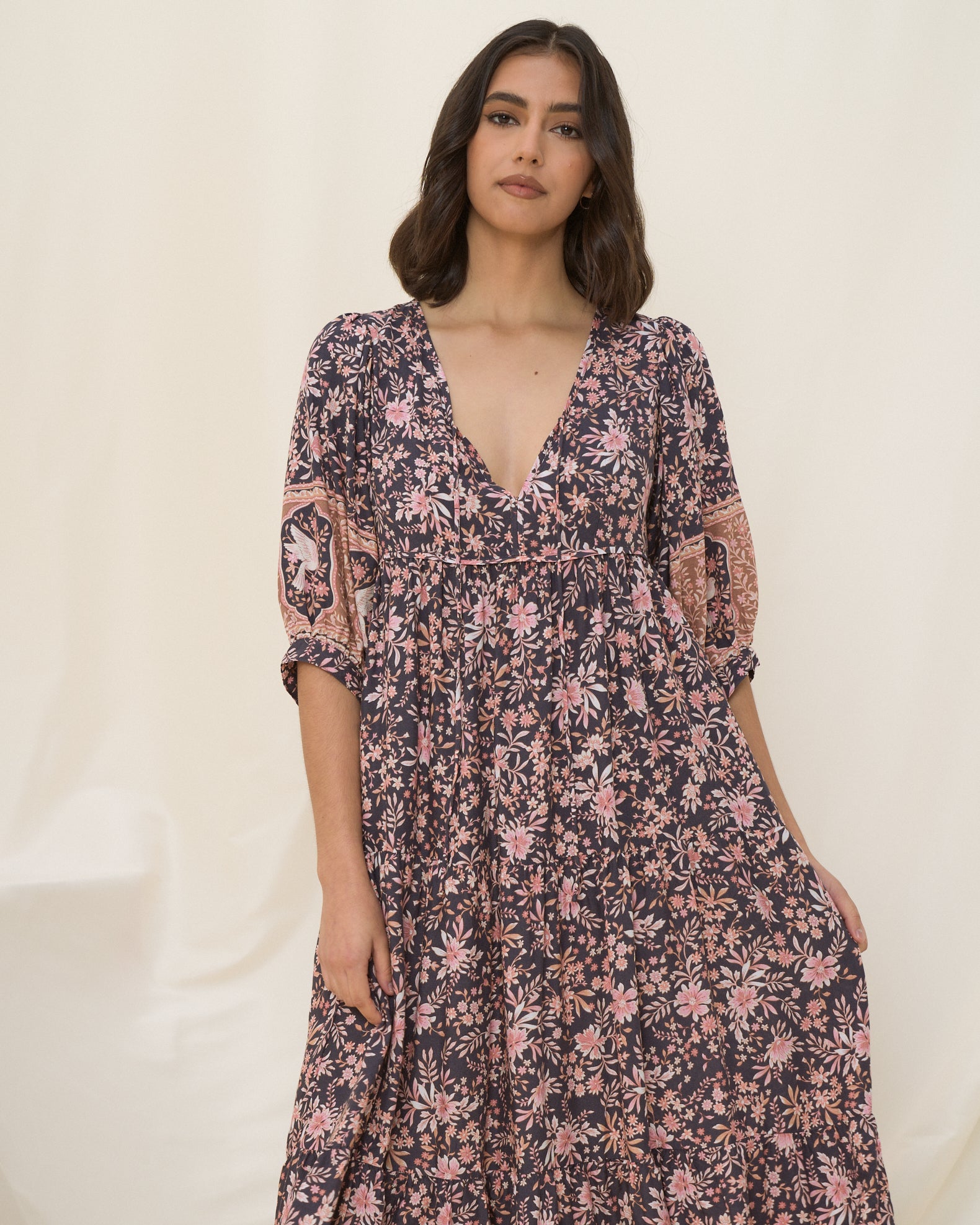 Araminta Purple Floral Boho Midi Dress – HEYCHIC