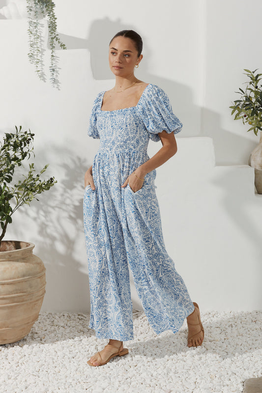 Skyra Blue Boho Puff Sleeve Jumpsuit