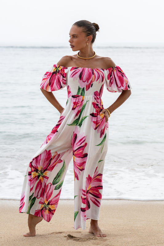 Gracie Pink Floral Puff Sleeve Jumpsuit