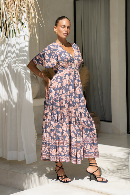 Amarante Navy Peach Floral Boho V-Neck Midi Dress