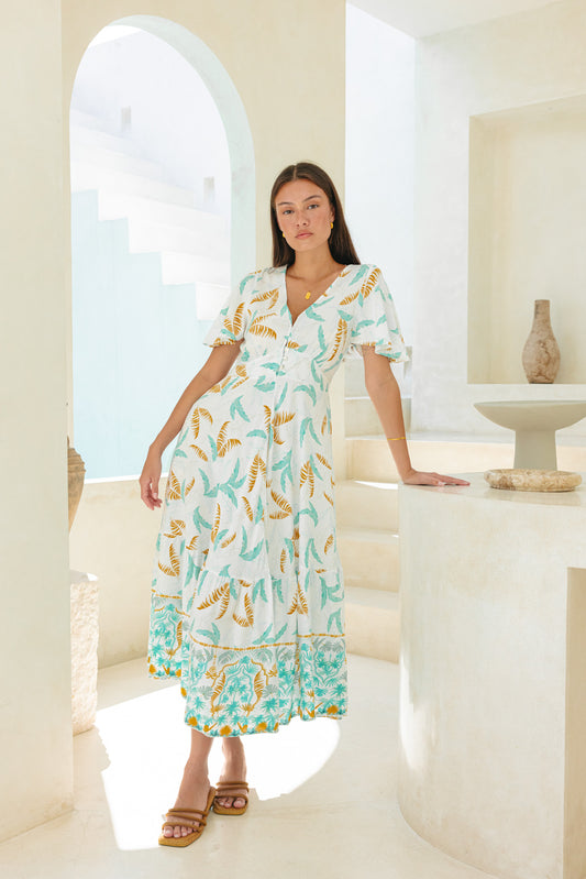 Wisteria Blue Tropical V-Neck Midi Dress