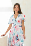 Maluhia Blue Tropical V-Neck Midi Dress