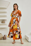 Esmeralda Orange Abstract V-Neck Midi Dress