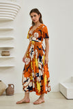 Esmeralda Orange Abstract V-Neck Midi Dress