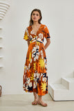 Esmeralda Orange Abstract V-Neck Midi Dress