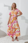 Tropicana Pink Orange Abstract V-Neck Midi Dress