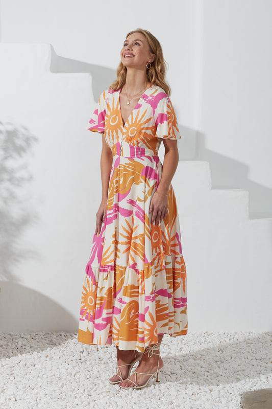 Tropicana Pink Orange Abstract V-Neck Midi Dress
