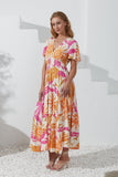 Tropicana Pink Orange Abstract V-Neck Midi Dress