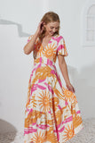 Tropicana Pink Orange Abstract V-Neck Midi Dress