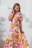 Tropicana Pink Orange Abstract V-Neck Midi Dress