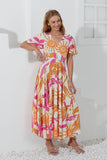 Tropicana Pink Orange Abstract V-Neck Midi Dress