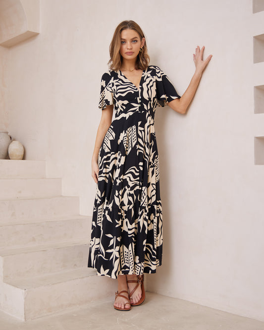 Cali Black Abstract V-Neck Midi Dress