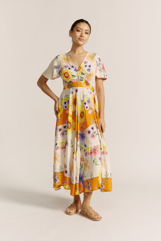 Liora Yellow Floral V-Neck Midi Dress