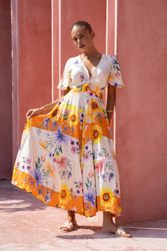 Liora Yellow Floral V-Neck Midi Dress