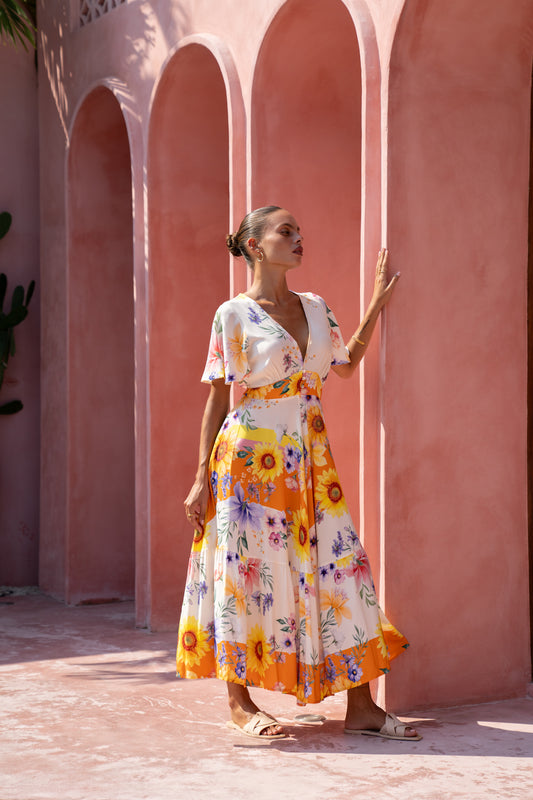 Liora Yellow Floral V-Neck Midi Dress