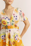 Liora Yellow Floral V-Neck Midi Dress