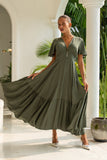 Lea Khaki Green V-Neck Midi Dress