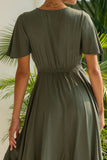 Lea Khaki Green V-Neck Midi Dress