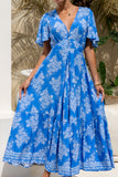 Myrrah Blue Floral V-Neck Midi Dress