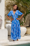 Myrrah Blue Floral V-Neck Midi Dress