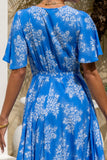 Myrrah Blue Floral V-Neck Midi Dress