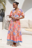 Serafina Pink Blue Boho V-Neck Midi Dress