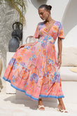 Serafina Pink Blue Boho V-Neck Midi Dress