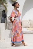 Serafina Pink Blue Boho V-Neck Midi Dress