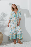 Wisteria Blue Tropical Button Down Maxi Dress