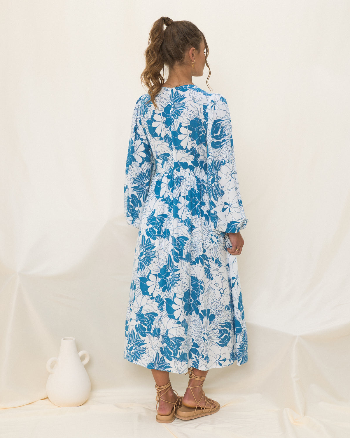 Cerulean Blue Floral Long Sleeve Midi Dress – HEYCHIC