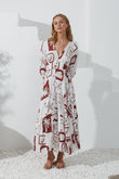 Mira Brown Sea Shells Tropical V-Neck Maxi Dress