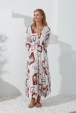 Mira Brown Sea Shells Tropical V-Neck Maxi Dress