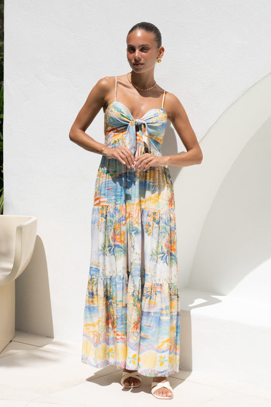 Solmar Multicolour Abstract Tie Detail Tiered Maxi Dress