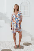 Sophia Orange Blue Floral Boho Mini Dress