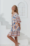 Sophia Orange Blue Floral Boho Mini Dress