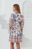 Sophia Orange Blue Floral Boho Mini Dress