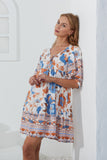 Sophia Orange Blue Floral Boho Mini Dress