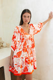 Chiara Orange Tropical Balloon Sleeve Mini Dress