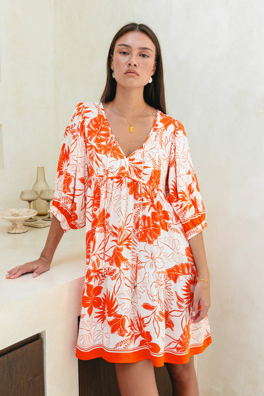 Chiara Orange Tropical Balloon Sleeve Mini Dress